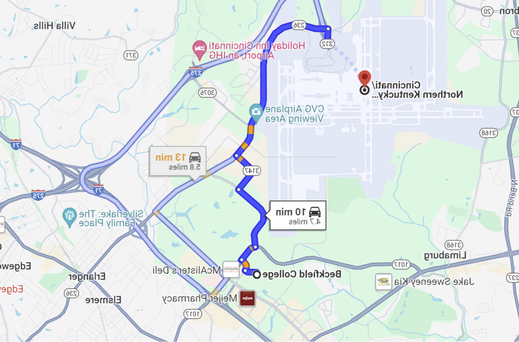 谷歌地图上的截图显示了ladbrokes立博中文版到CVG机场的距离